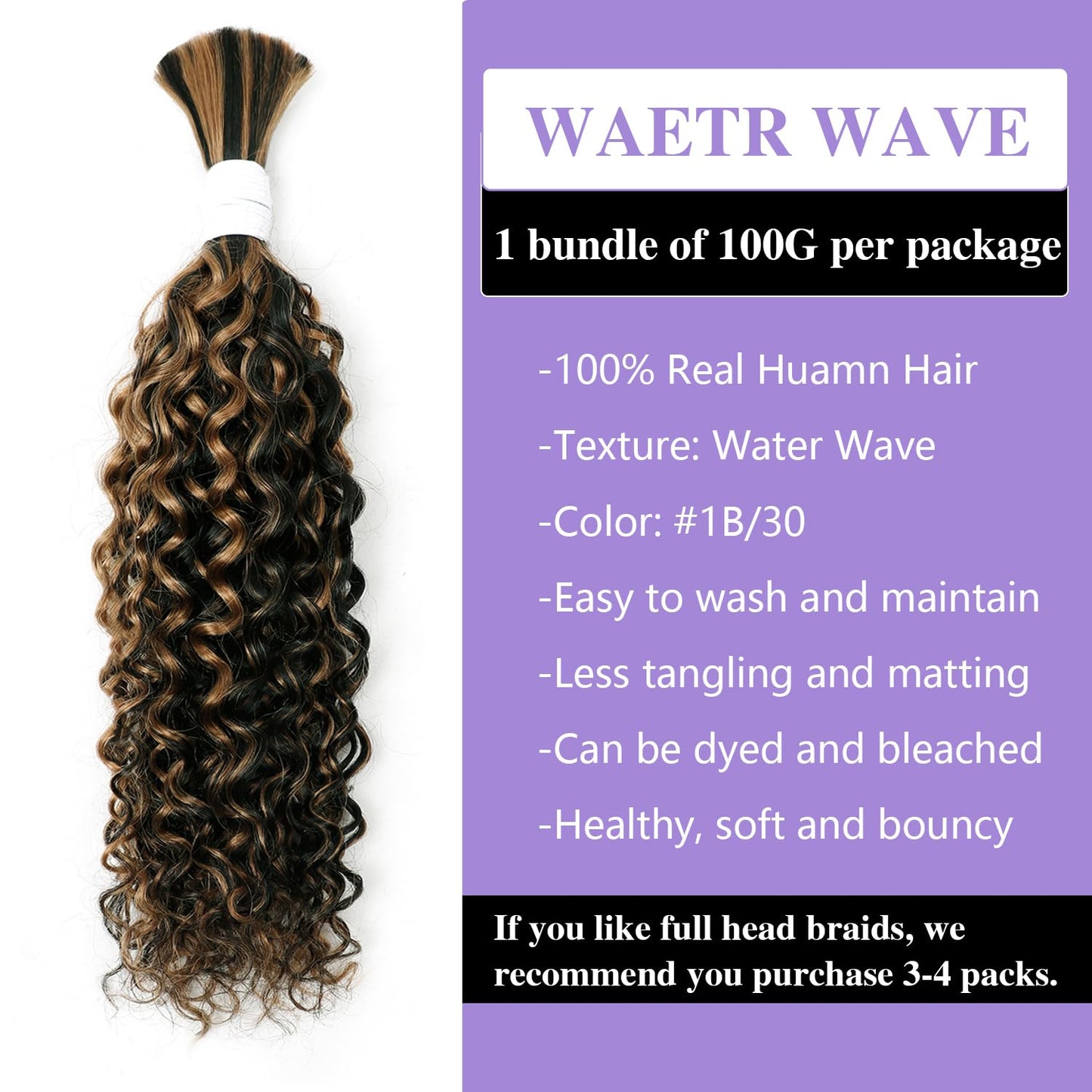 Liqusee Water Wave Curly 1B/30 Human Braiding Hair 100g One Bundle/Pack Bulk Human Hair No Weft Braiding Hair for Boho Braids (2