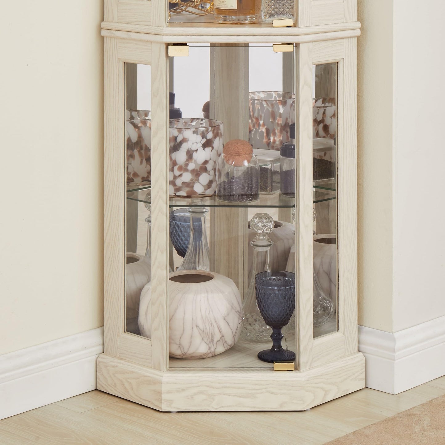 Makaseiya 70" Lighted Corner Curio Cabinet,Wooden Corner Glass Display Case with Tempered Glass Door for Living Room, Antique Collectibles, Wine & Bar Glass Storage, Lights Included