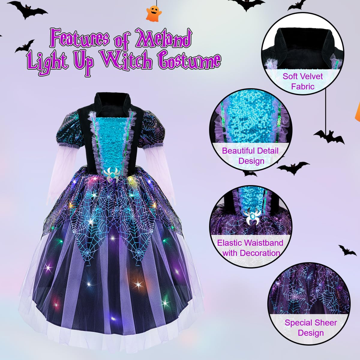 Meland Halloween Witch Costume for Girls(XL,10-11 Years), Purple
