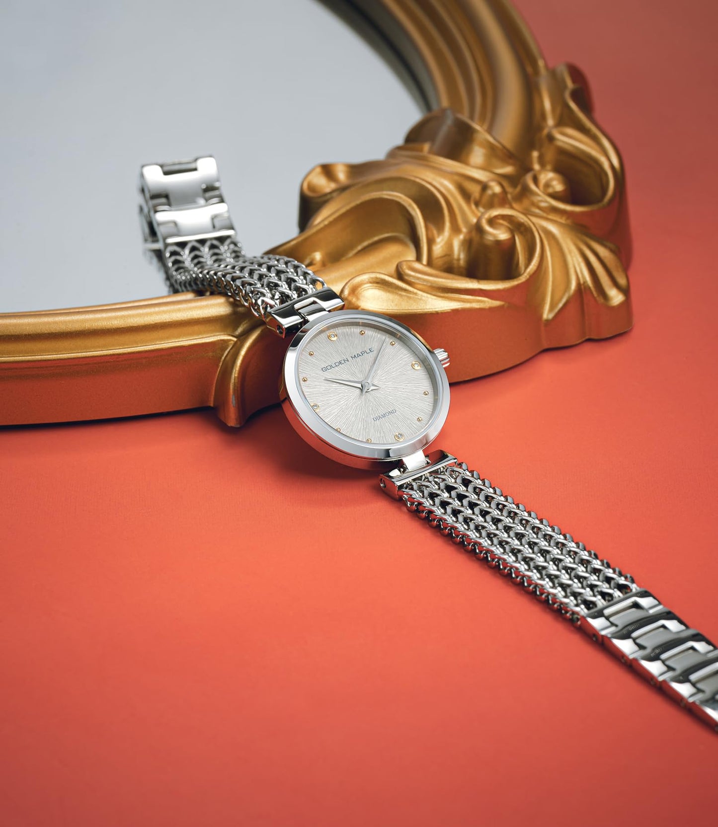 GOLDEN MAPLE Dainty Silver Watch for Women: Gray Embossed Dial with Diamond Time Markers, Adjustable Bracelet and Stylish Gift Watch Box (Gray)