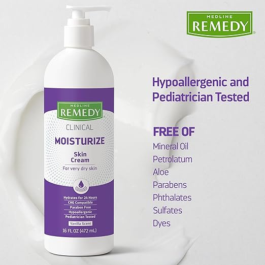 Medline Remedy Clinical Skin Cream, Vanilla Scent (16 fl oz), 2 Count, Moisturizing Face and Body Cream for All Ages, Paraben & Sulfate Free, Quick Absorbent Formula, Hypoallergenic Skin Moisturizer