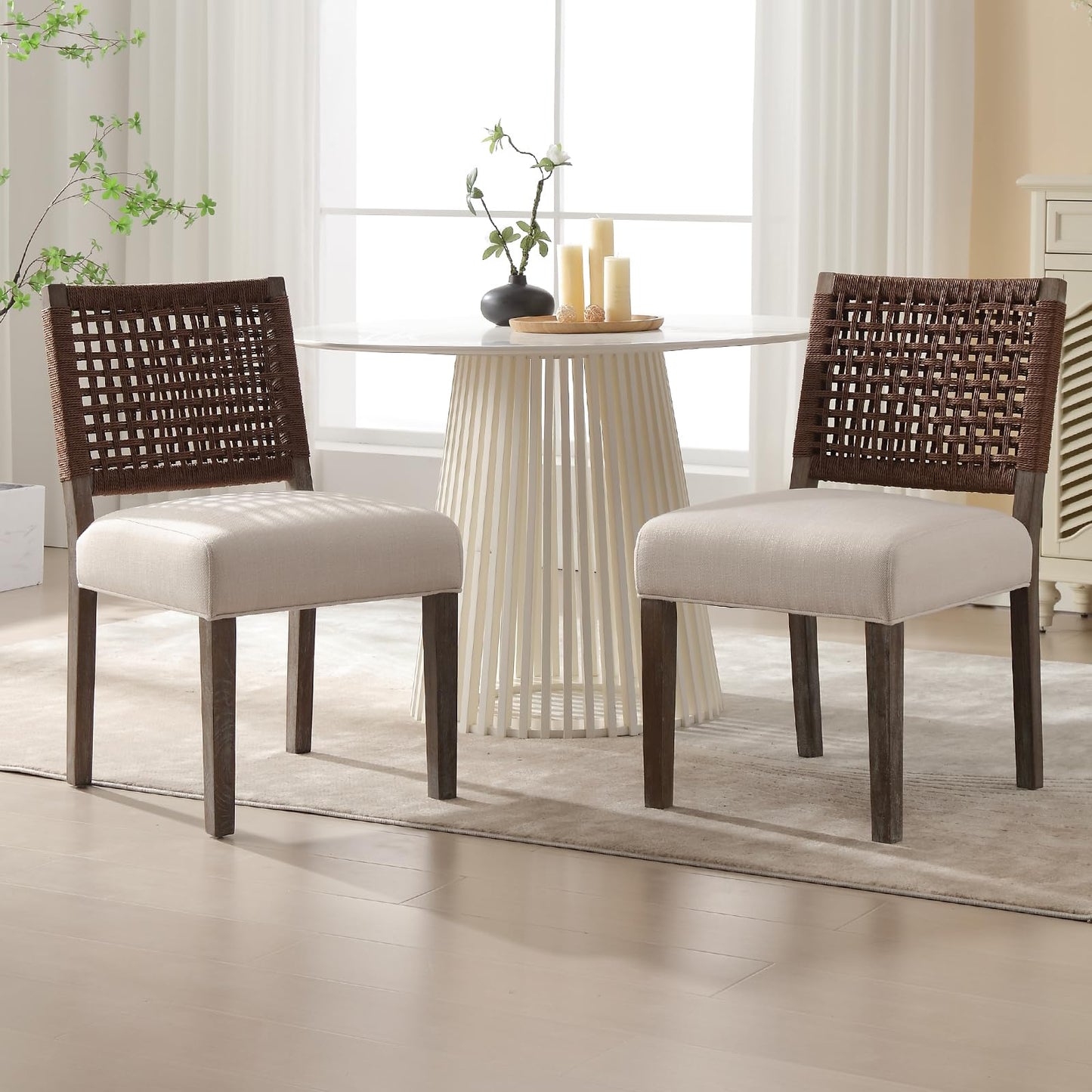 LZAREAL Farmhouse Dining Chairs Set of 2 Linen Fabric Upholstered Accent Side Chair, Mid Century Modern Kitchen & Dining Room Chairs with Woven Rope Back for Home, Living Room, Bedroom - Beige