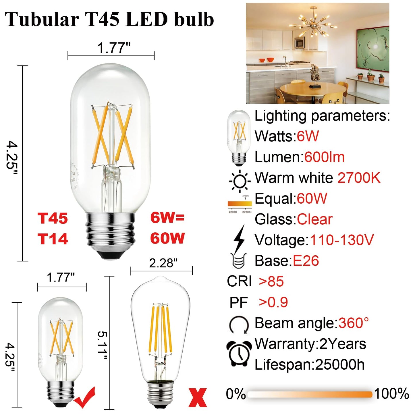 LiteHistory E26 LED Bulb 6W Equivalent e26 led Bulb 60 Watt Dimmable Warm White 2700K E26 Edison Bulb AC120V 600lm Tubular T14 T45 LED Bulb for Pendant, Sputnik,Vanity,Chandeliers Pack of 6