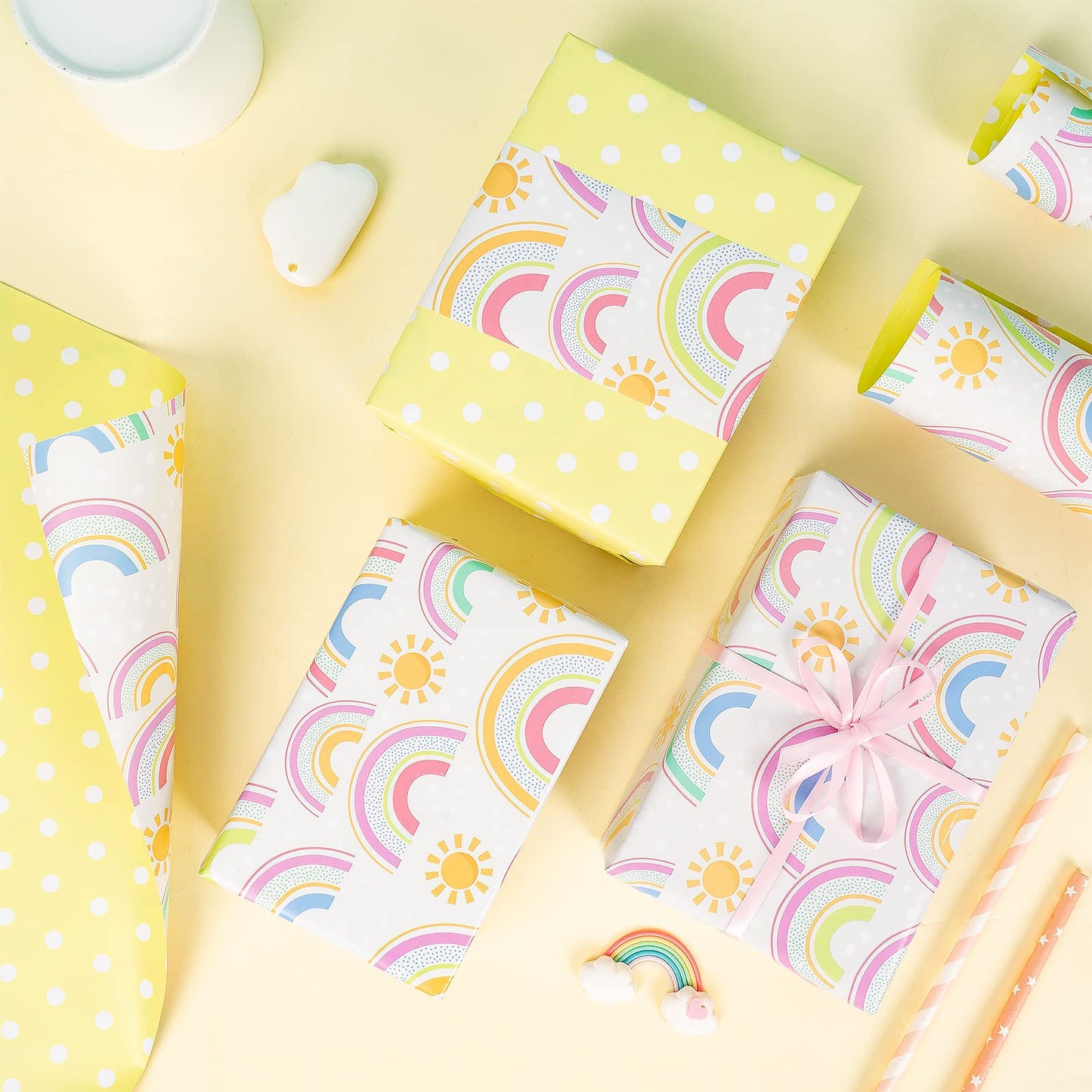 WRAPAHOLIC Jumbo Reversible Baby Shower Wrapping Paper - 30 Inch x 33 Feet - Rainbows and Polka Dot Design for Neutral Baby Shower, Boys Girls Kids Birthday