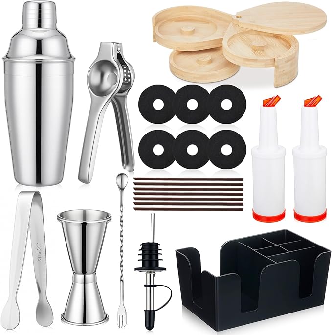 Yiyiring Bartending Supplies 3 Pcs Cocktail Shaker Set, 3 Tier Bar Rimmers 12 Bottle Pourer 2 Plastic Juice Pour Bottle, B...