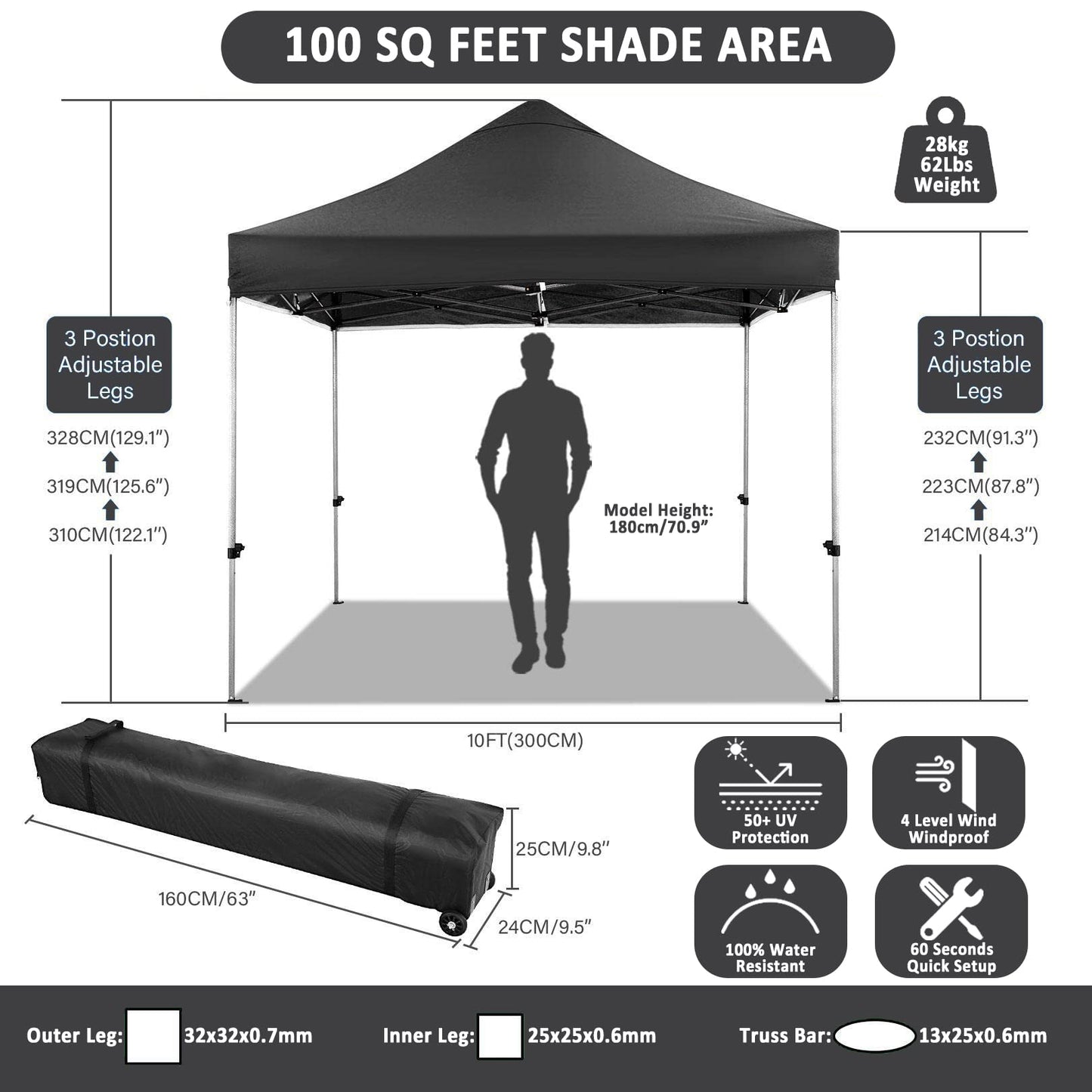 COBIZI 10x10 Pop Up Canopy with 4 Sidewall,Heavy Duty Canopy UPF 50+ All Season Wind Waterproof Commercial Outdoor Wedding Party Tents for Parties Canopy Gazebo with Roller Bag (10 x 10 ft Black)