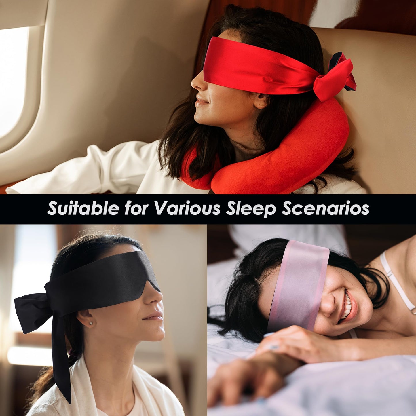 FRESHME Satin Eye Mask Sleeping - Adjustable Eye Shade Soft and Comfortable Satin Eye Blinder Cover for Women Men Night Travel Nap Meditation Valentine's Day Gift 160cm/63in Black and Red