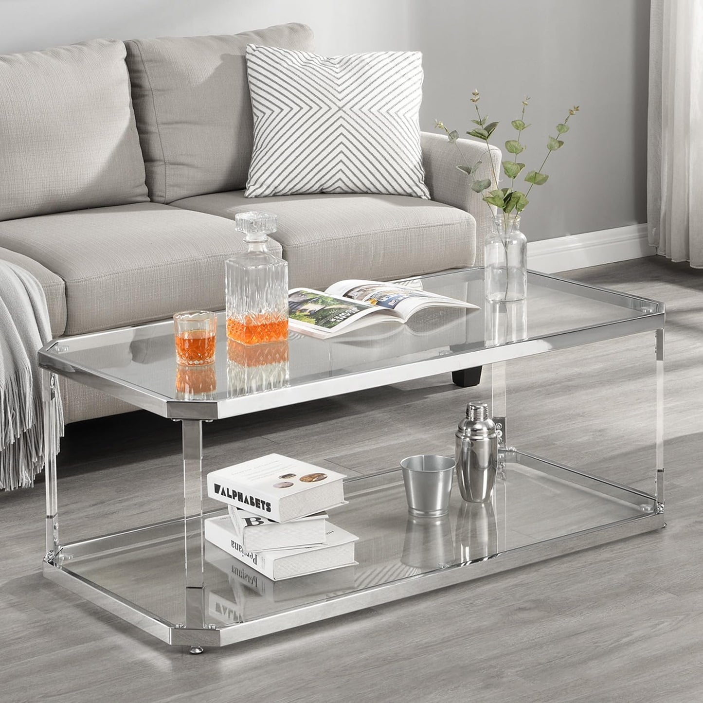 MINPINSER Glass Coffee Table, Clear Coffee Table with 2 Tiers, Acrylic Leg, Chrome Frame, Rectangular Center Table for Living Room (Chrome-New)