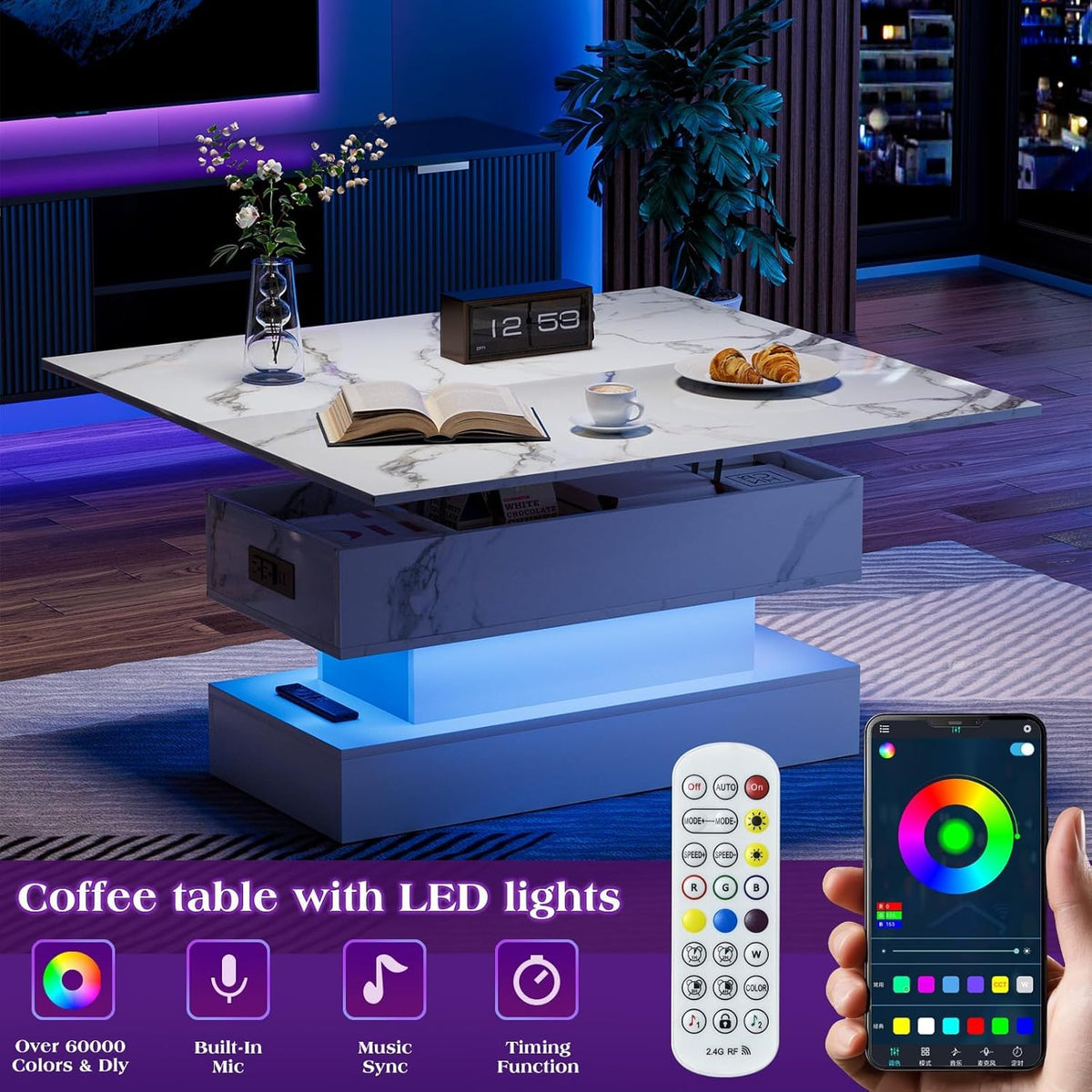 SYESWAY 39.4" Lift Top Coffee Table with Charging Station, High-Glossy Marbling Print Center Table with Hidden Compartment Storage, LED Coffee Table for Living Room, White