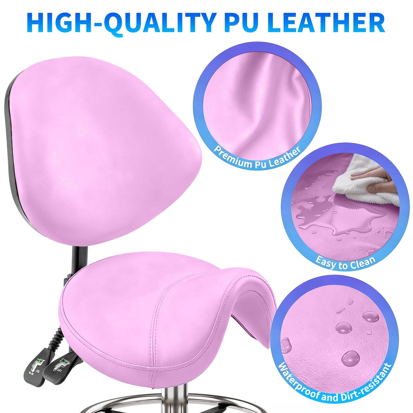Saddle Chair with Back Support - Tilted Backrest, Adjustable Foot Rest, 350 LBS Capacity Ergonomic, 360° Swivel Drafting Chair for Salon, Spa, Massage, Tattoo, Facial lash, Home,（Macaron Purple）
