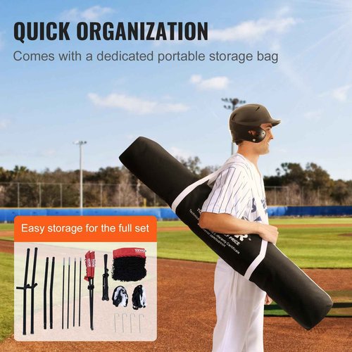VEVOR 7x7 ft Baseball Softball Practice Net, Portable Baseball Training Net for Hitting Catching Pitching, Backstop Equipment with Bow Frame, Carry Bag, Strike Zone, 12 Balls, Tee, and Ball Caddy