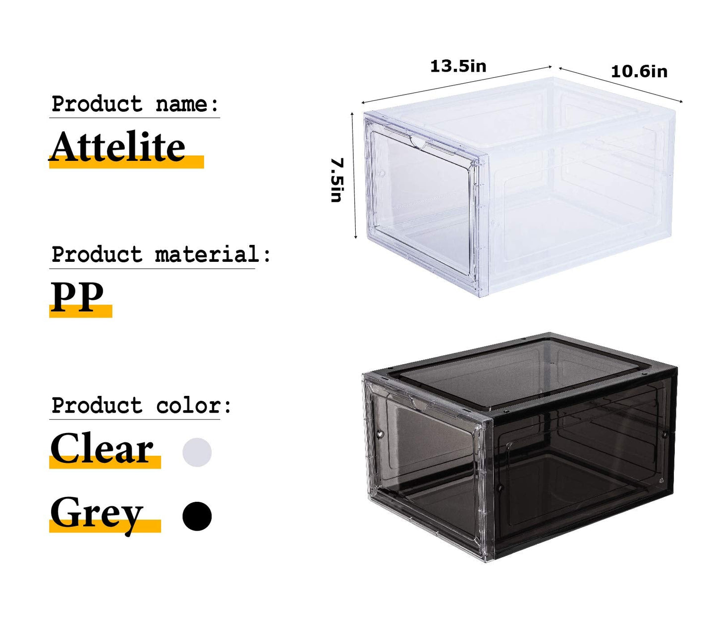 Attelite Shoe Box Organizer,Set of 6,Stackable Plastic Shoe Box with Clear Door, Shoe Storage Box Containers,For Display Sneakers,Easy Assembly,Fit up to US Size 12(13.4”x 10.6”x 7.4”)