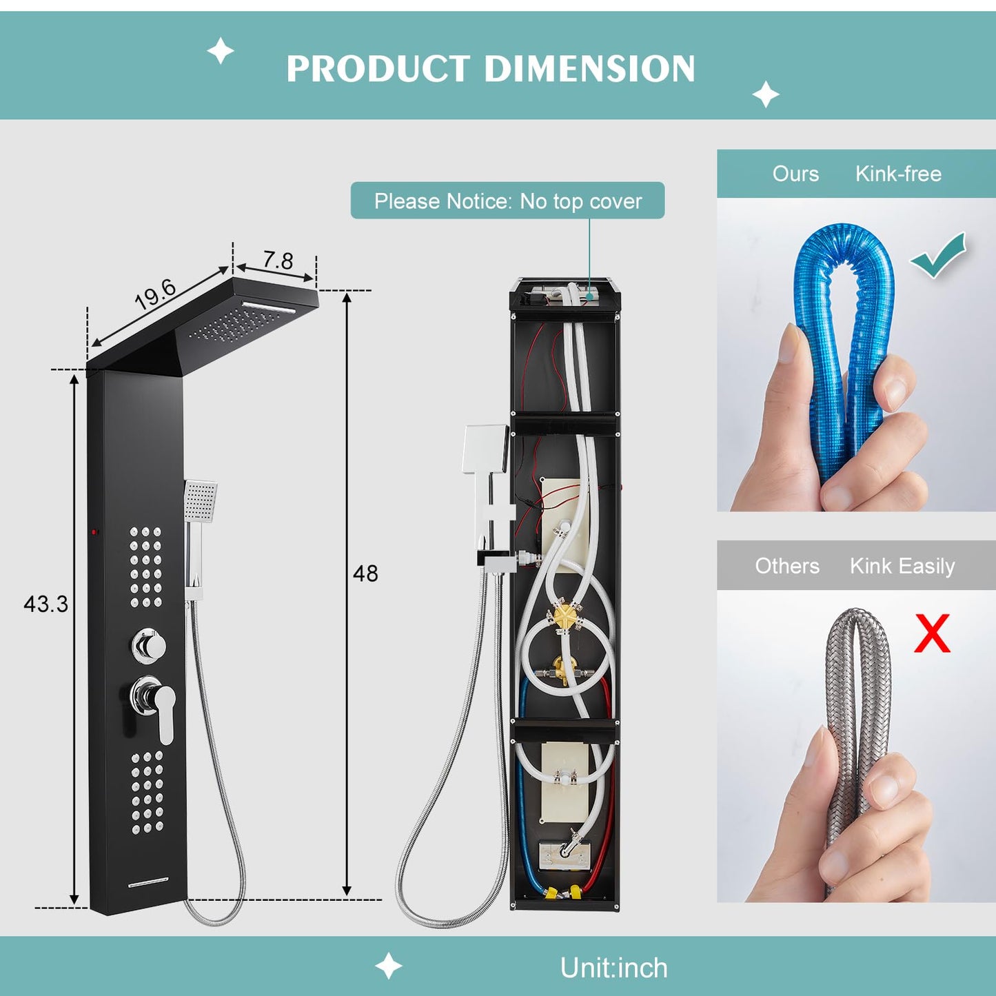 KINKIB LED Shower Panel Tower System Black with Rainfall Waterfall Shower Head, 5-in-1 Shower Tower with Powerful Body Jets, Handheld Shower and Tub Spout, High Pressure Shower Column Stainless Steel