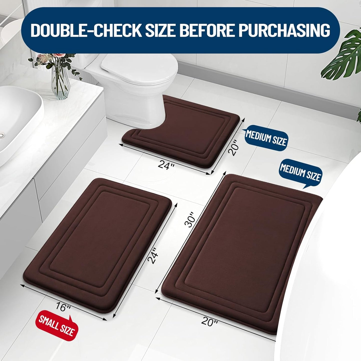 Grandaily Memory Foam Bath Mat Rug 44x24, Ultra Soft, Non-Slip and Absorbent Bathroom Rugs, Machine Wash Dry, Comfortable Bath Carpet for Bathroom Floor, Tub and Shower, Brown