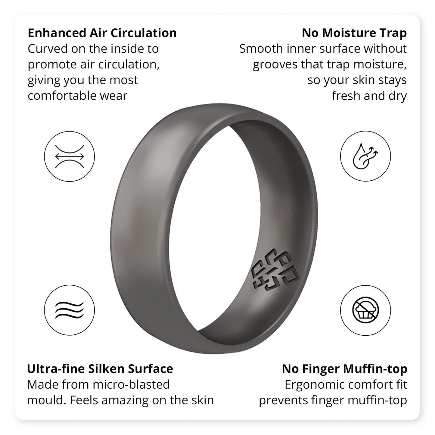 Knot Theory Dark Silver Silicone Ring for Women Men - Breathable Comfort Fit 4mm Wedding Band Size 9