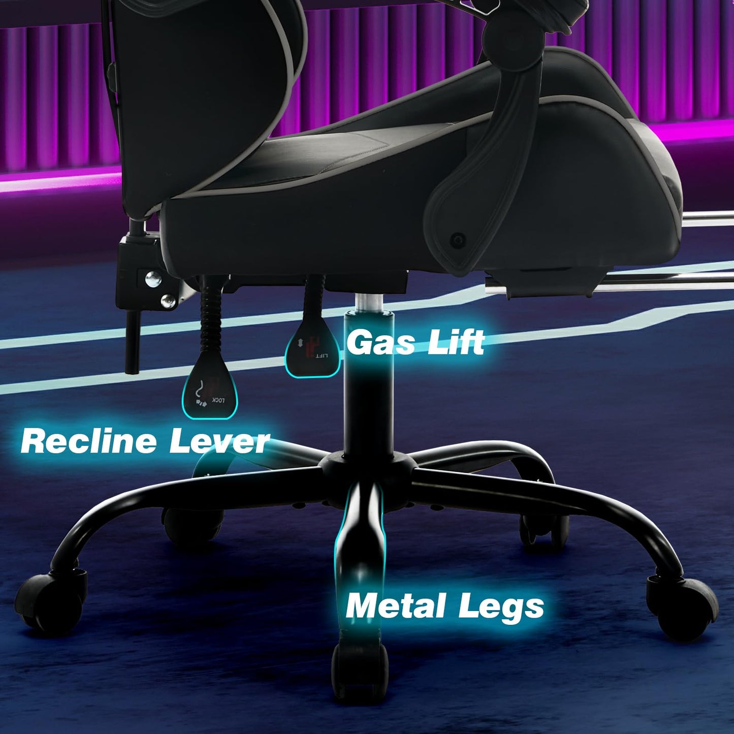 Czlolo Gaming Chair with Footrest Racing Style Lumbar Support Massager Video Game Chair with Metal Legs, High Back Reclining Gamer Chair with Headrest, 360° Swivel Office Computer Desk Chair (Gray)