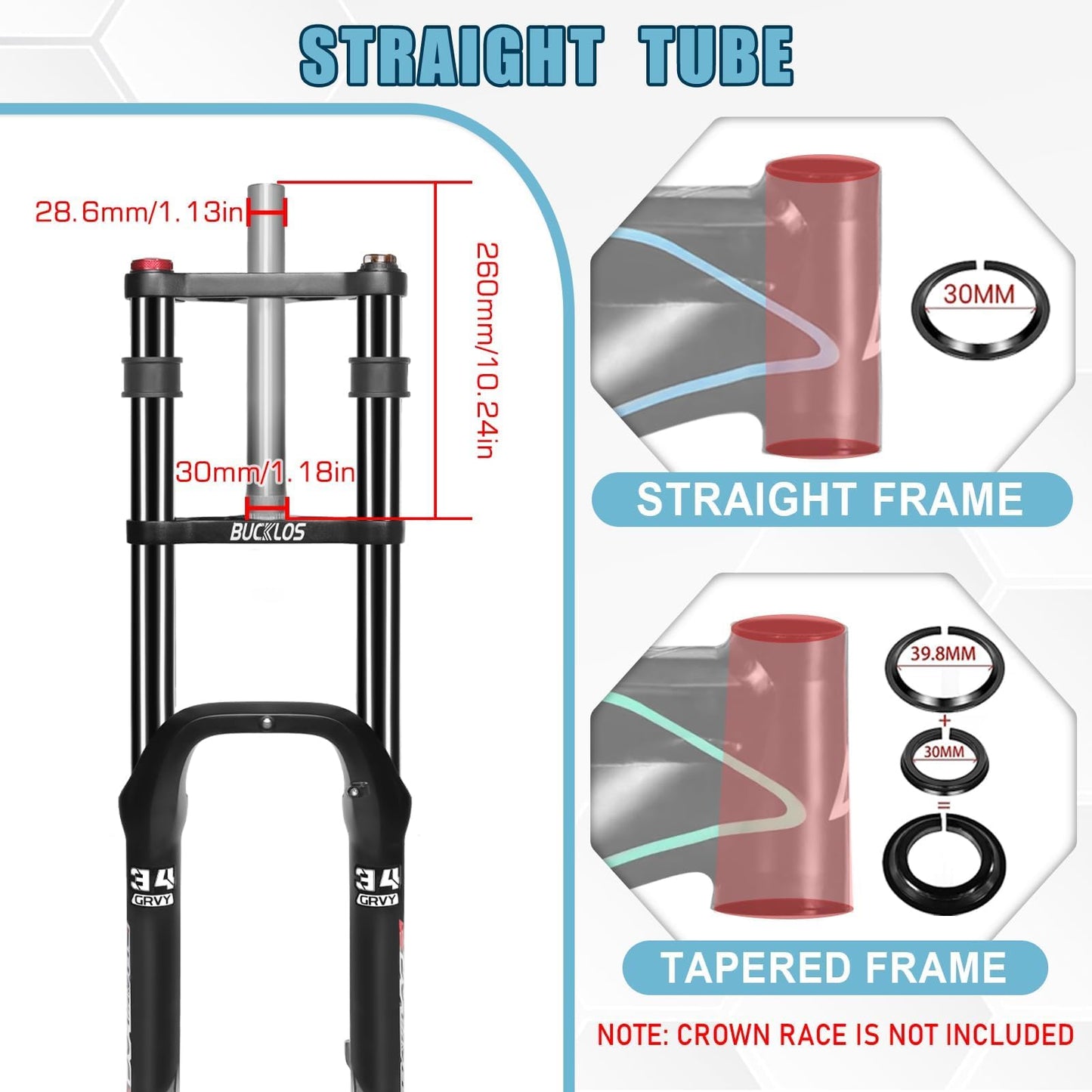 BUCKLOS 20 inch 4.0 Fat Tire Bike Suspension Fork, 180mm Travel 135mm Spacing Hub 9mm QR Ebike Oil MTB Fat Fork, Double Crown 1-1/8 Straight Electric Bicycle Front Fork, Snow Beach Mountain Bike