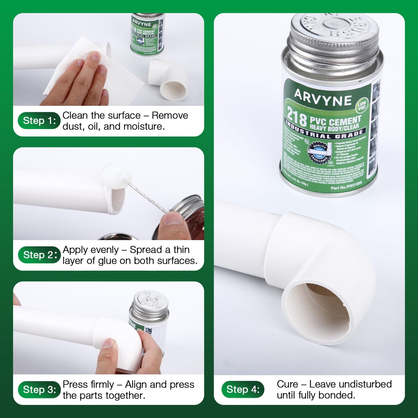 ARVYNE PVC Cement – Fast‑Dry Solvent Weld Glue for PVC Pipe, Vinyl & Inflatable Repair – Waterproof, Clear Finish, Professional Strength – 4 oz Leak‑Proof Can