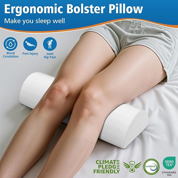 SweetSlubr Knee Pillow for Side Sleepers, Half Moon Memory Foam Bolster Pillow for Legs, Ergonomic Design Wedge Elevation Pillow for Side & Back Sleeping, Under Knee Support, Foot, Ankle, Lumbar,White