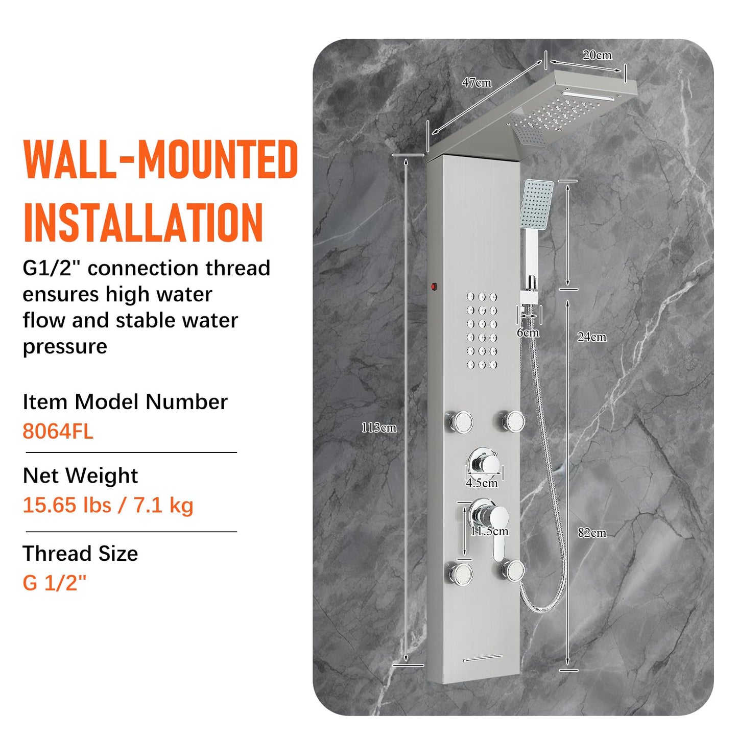Fuz LED Shower Panel Tower System, 5 Function Stainless Steel Brushed Nickel Shower Tower with Rainfall Shower Head and Handheld, 4 Body Jets and Waterfall Tub Spout, High Pressure Shower Column