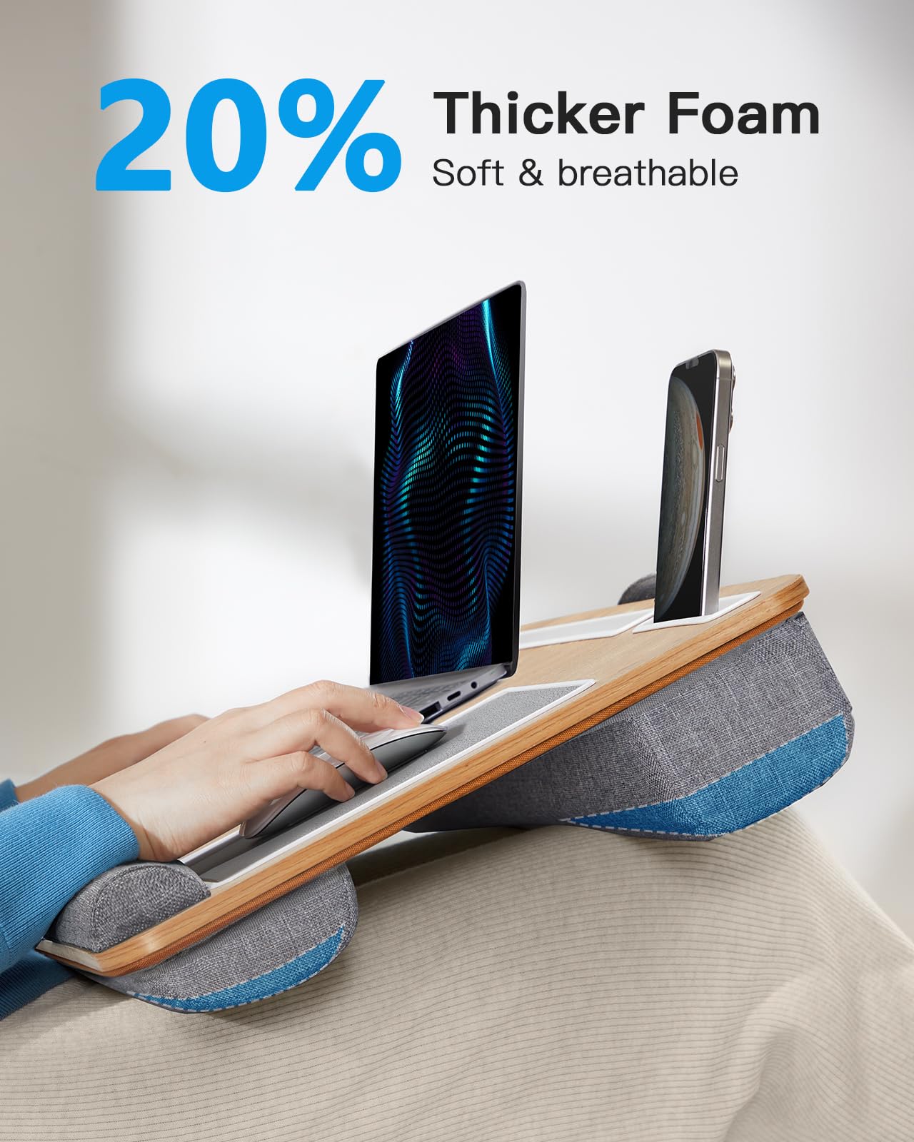 HUANUO Lap Desk - Fits up to 17 inches Laptop Desk, Built in Mouse Pad & Wrist Pad for Notebook, Laptop, Tablet, Lap Stand with Tablet, Pen & Phone Holder (Wood Grain)