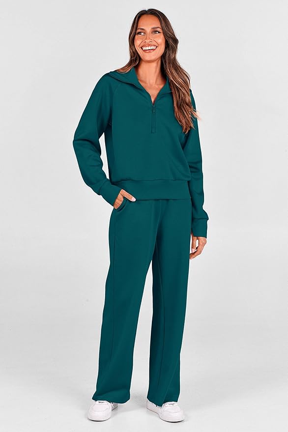 PRETTYGARDEN Women's 2 Piece Outfits Casual Lapel Half Zip Sweatshirts and Wide Leg Pants Tracksuit Sets