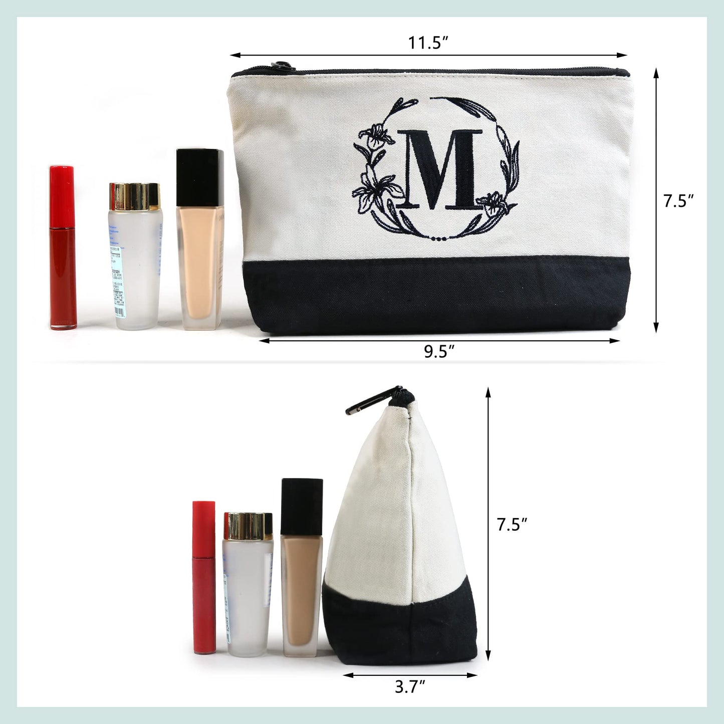 BeeGreen Birthday Gifts Personalized Women's Large White and Black Canvas Tote Bag, Embroidered Initials, Leather Handle, Zipper Closure