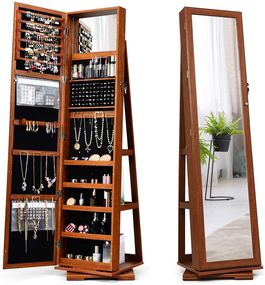 Byroce 360° Rotating Jewelry Organizer, Full Length Mirror with Storage, Lockable Jewelry Cabinet with Inside Makeup Mirror & 3-Tier Rear Shelves, Standing Jewelry Armoire (Walnut)