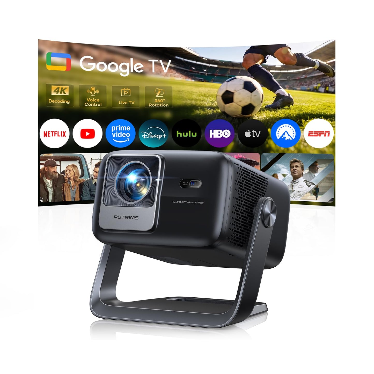 Smart 4K Projector [Google TV Stick Built-in & 360° Stand] with WiFi 6, Bluetooth 5.3, HDR10, 30W Hi-Fi, AI Auto Focus, Outdoor Portable Short Throw Movie Projector for Home Theater Bedroom Ceiling