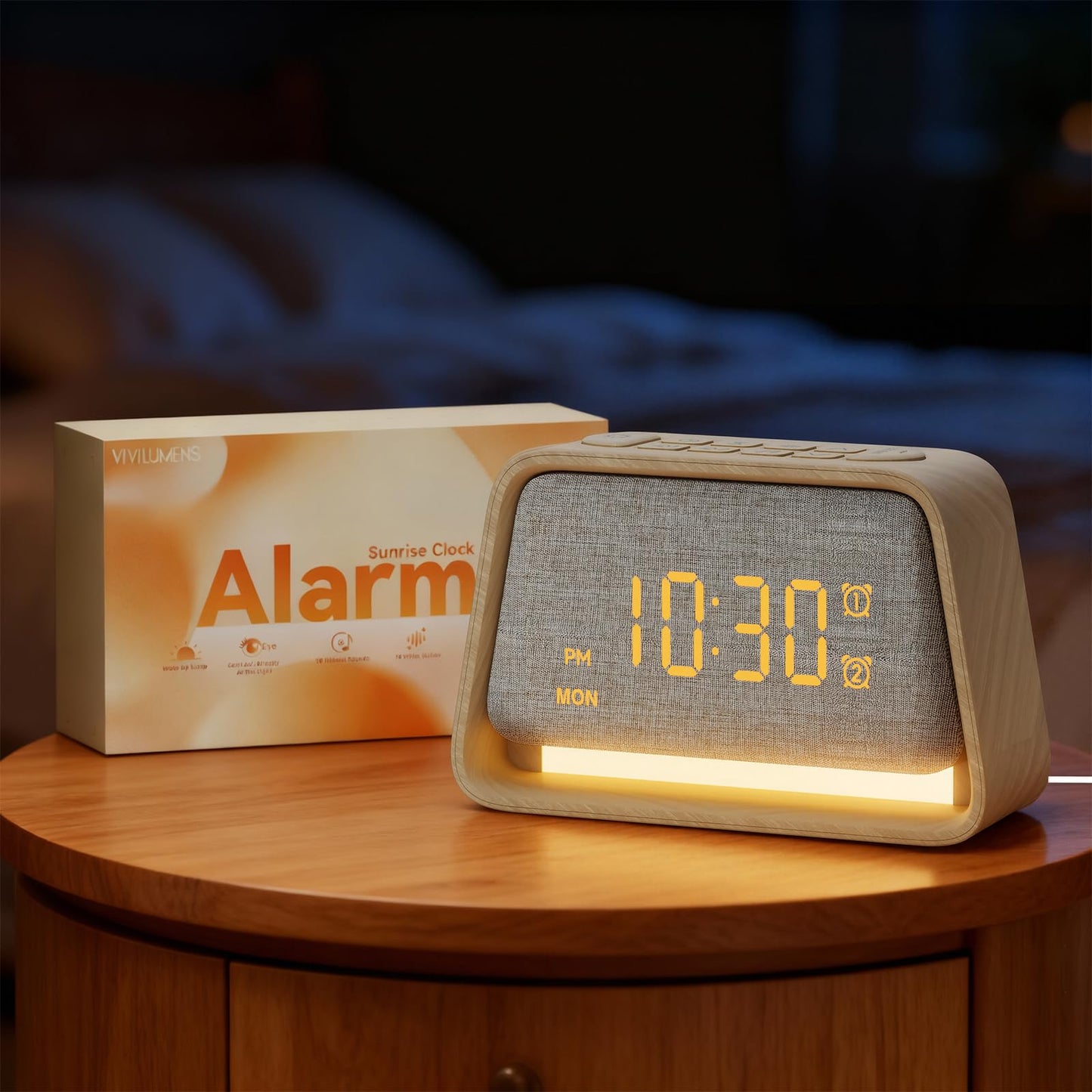 Vivilumens Wooden Alarm Clock White Noise Sound Machine for Sleep 10 Soothing Sounds 10 Natural Sounds for Adults Sleeping Digital Dimmable Night Light Gentle Clock for Bedroom Dual Alarm Ideal Gift