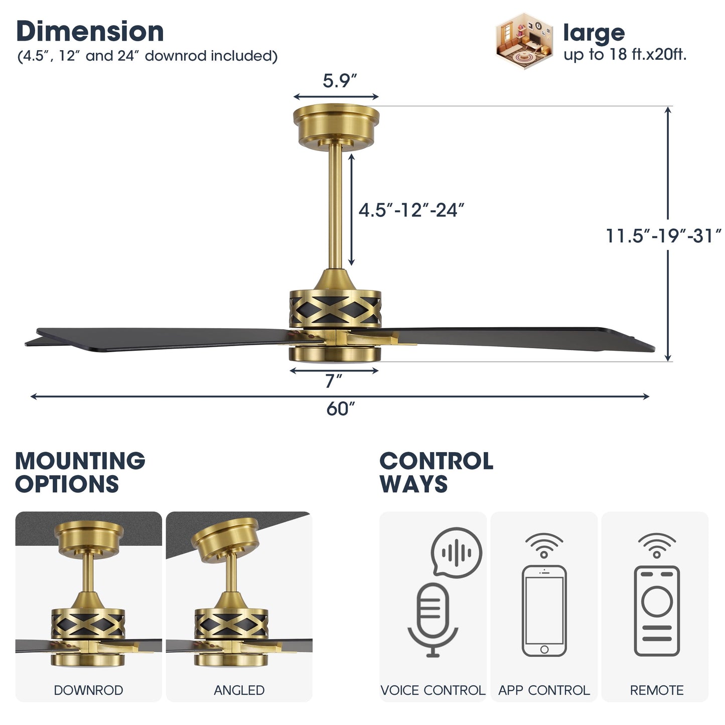 WINGBO 60" Smart Ceiling Fan with Lights and 3 Downrods, 5 Plywood Blades, 6 Speeds Reversible DC Motor, Works with Alexa and Google Assistant, 3CCT Dimmable LED Large Ceiling Fans, Brass and Black