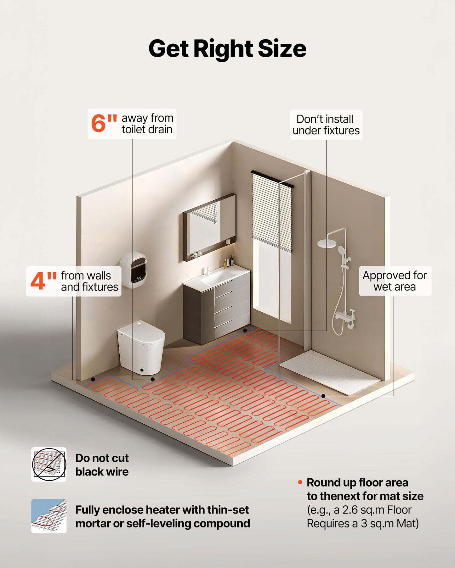 VEVOR Self-Adhesive Mesh Floor Heating Mat, 15 sqft 120V, Smart Thermostat & Alarm, Easy Install for Tile, Stone & Vinyl Flooring