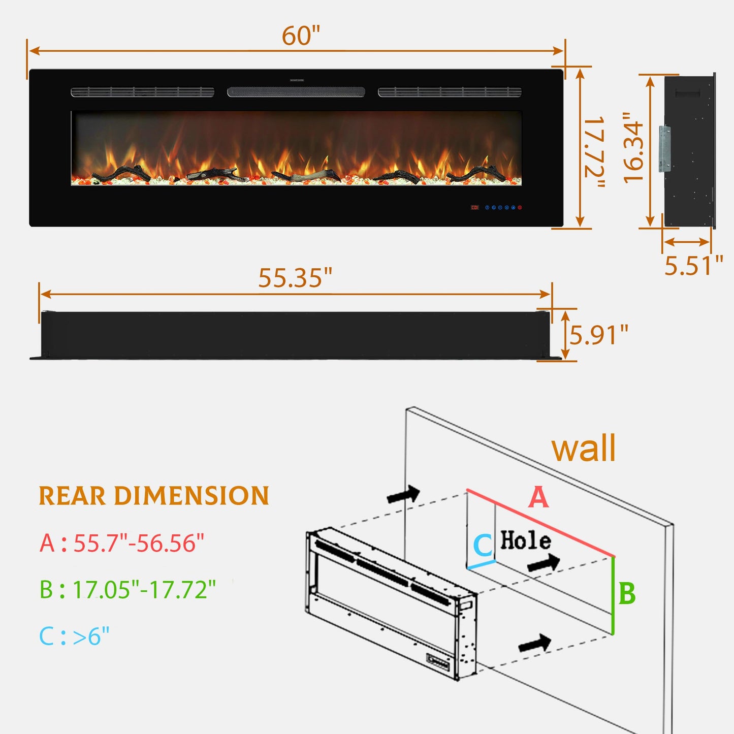 Kentsky 60 inches Electric Fireplace Inserts, Recessed and Wall Mounted Fireplace Heater, Linear Fireplace w/Thermostat, Remote & Touch Screen, Multicolor Flame, Timer, Logs & Crystal, 750W/1500W