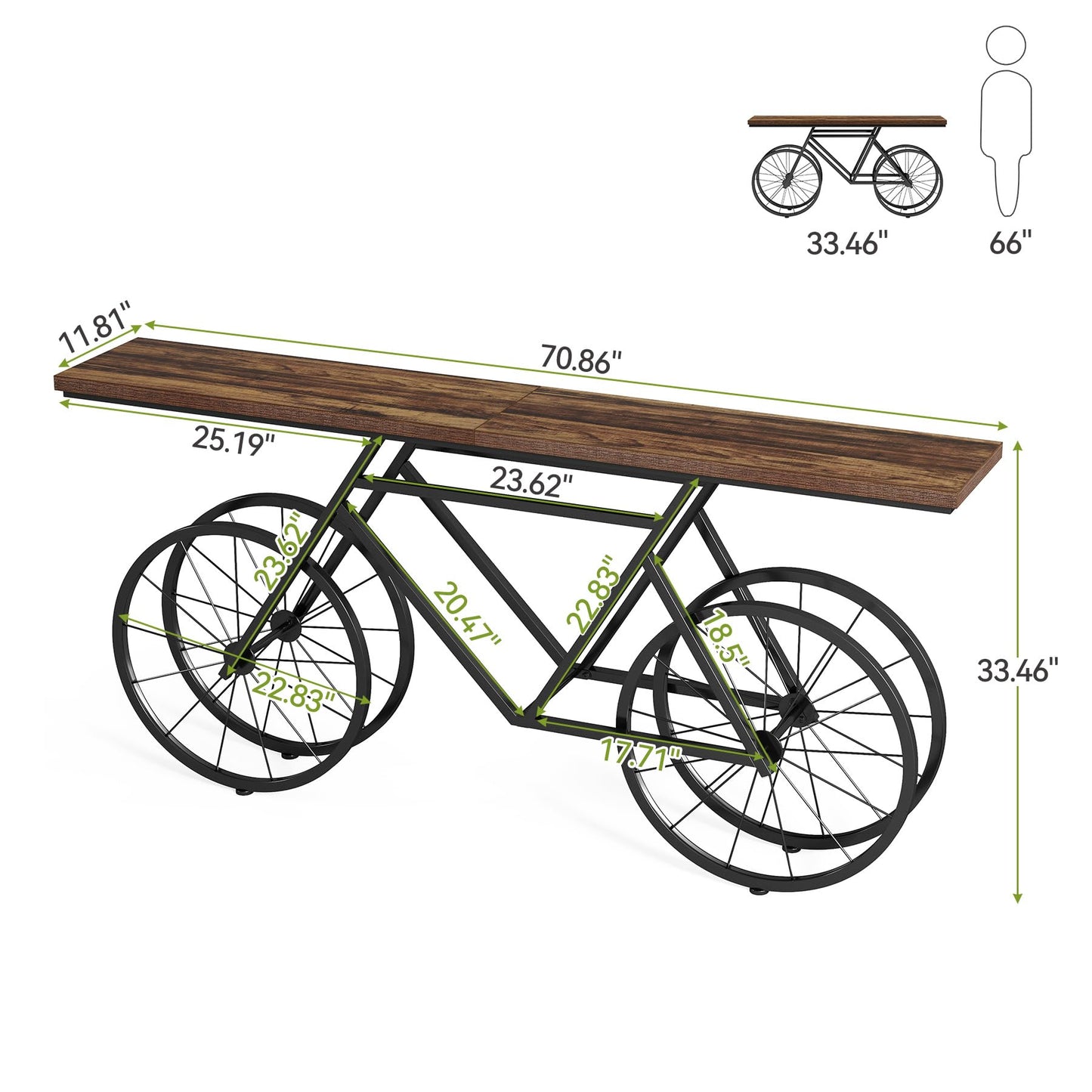 LITTLE TREE Narrow Sofa Table, 70.9-Inch Extra Long Console Table for Living Room, Entryway, with Unique Bicycle Metal Base. Rustic Brown