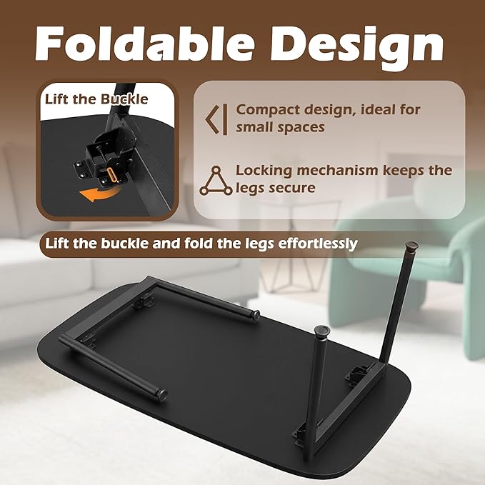 Folding Coffee Table, Portable Floor Table for Sitting on The Floor, Midcentury Modern Coffee Table, Foldable Floor Table for Living Room, 32''L x 16''W x 15''H, Black