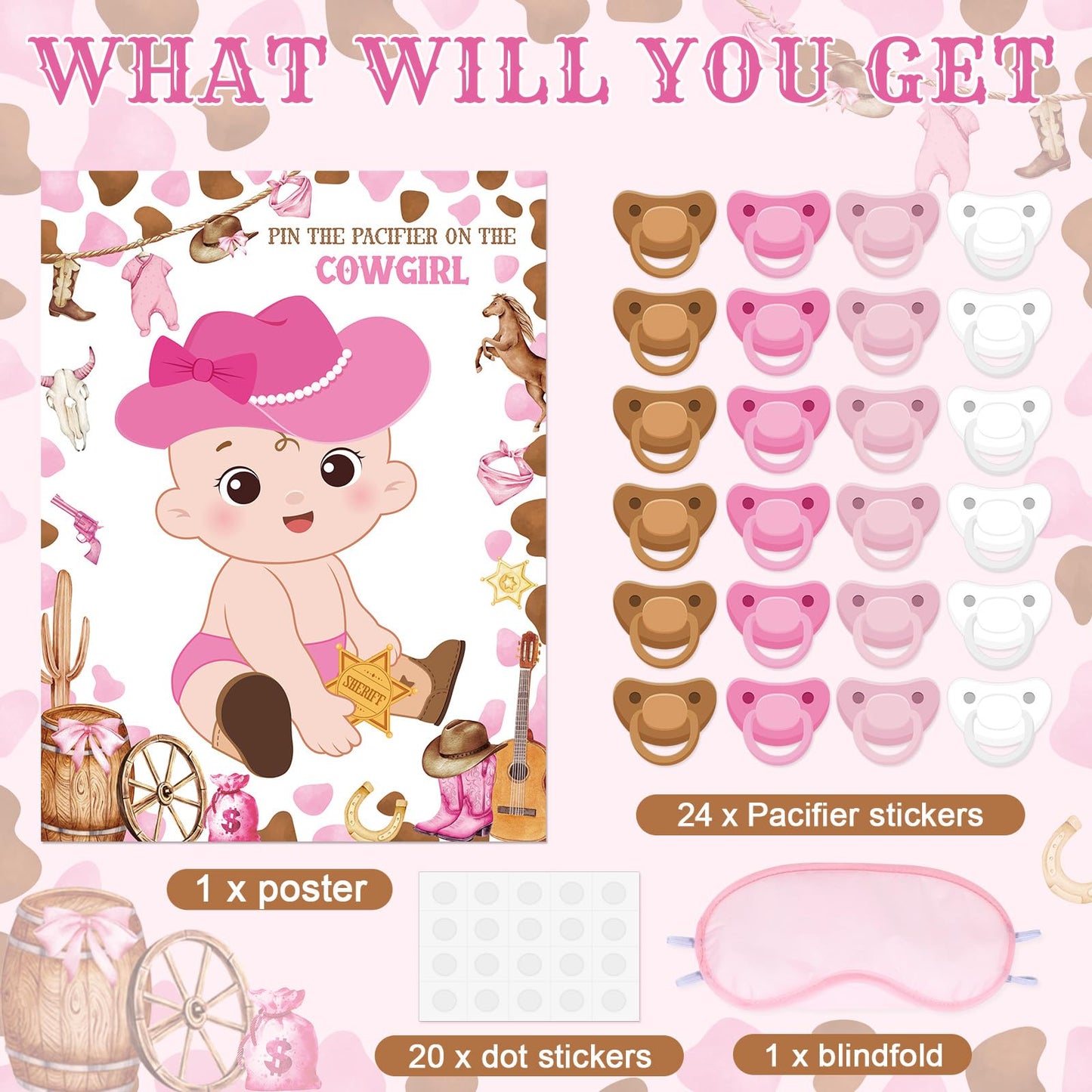 Faccito Pin The Pacifier Baby Shower Game Baby Shower Party Decorations Include Large Poster 24 Pacifier Stickers Blindfold Game Set for Birthday Party Decor Supplies(West Cowboy)