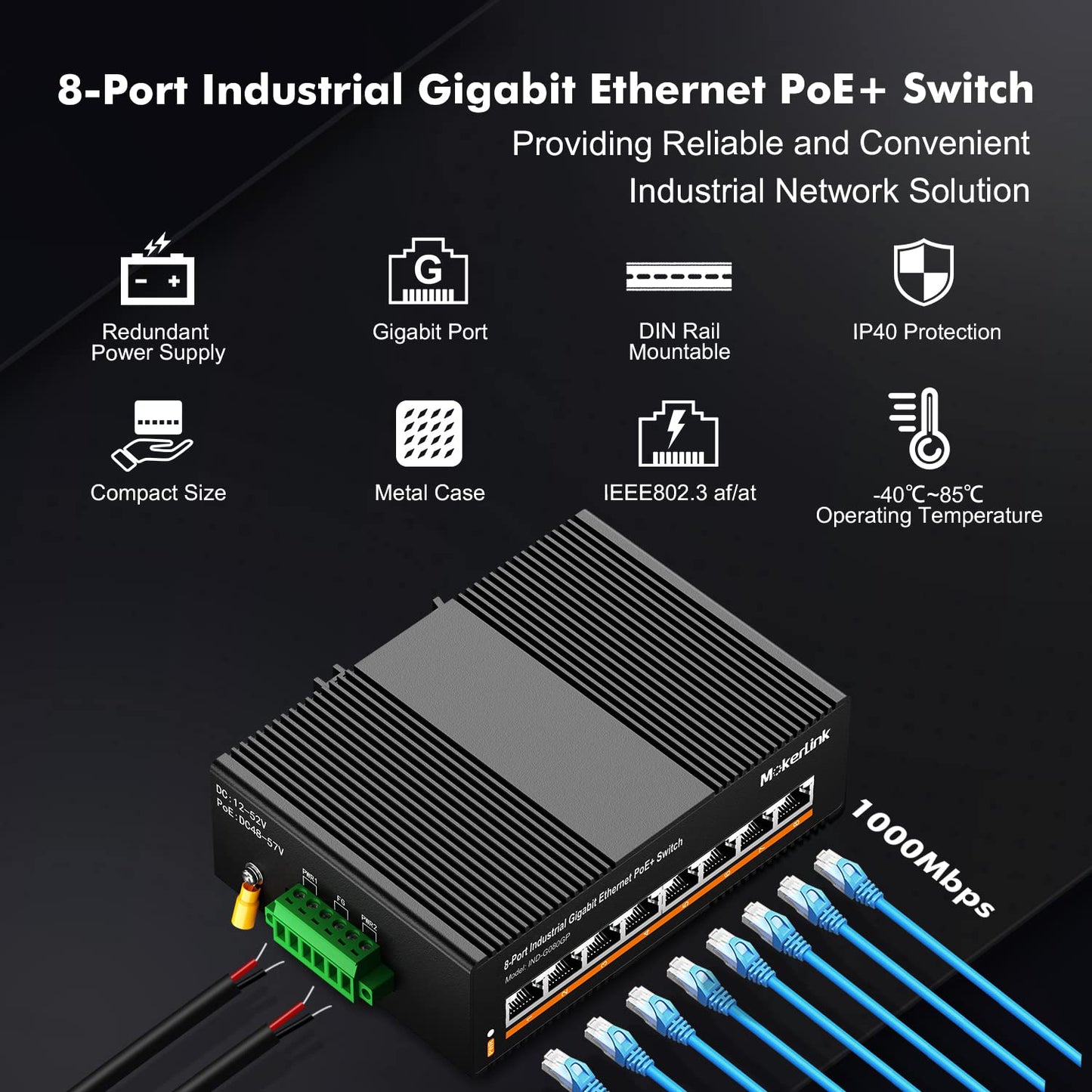 Mokerlink 8 Port Poe Gigabit Industrial Din-Rail Ethernet Switch, 96W Poe+ Power, 16Gbps Switching Capacity, Ip40 Rated Unmanage