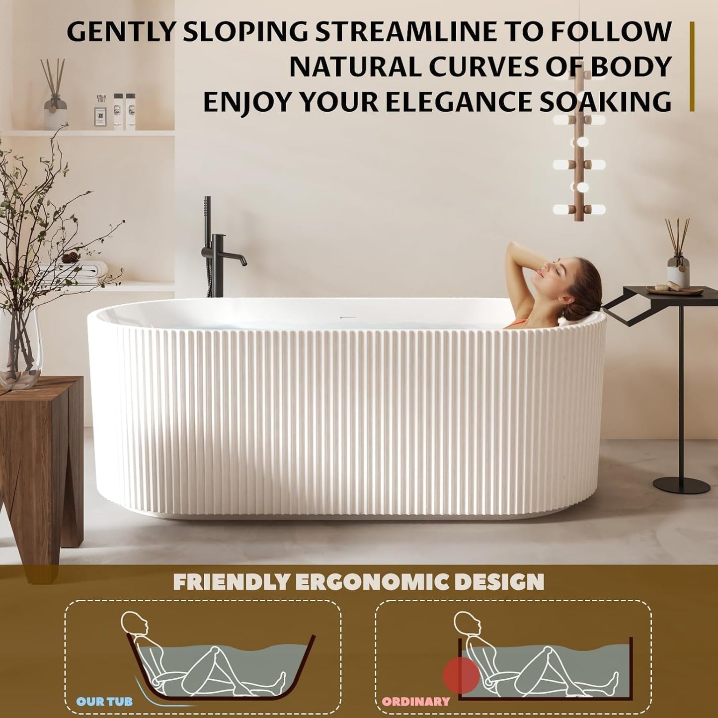 67'' Freestanding Bathtub, Deep Acrylic Soaking Tub with Non-Slip Base, cUPC Certified Modern Free Standing Tub, Chrome Drain, White Bath Tub for Bathroom Remodel and Spa-Like Comfort