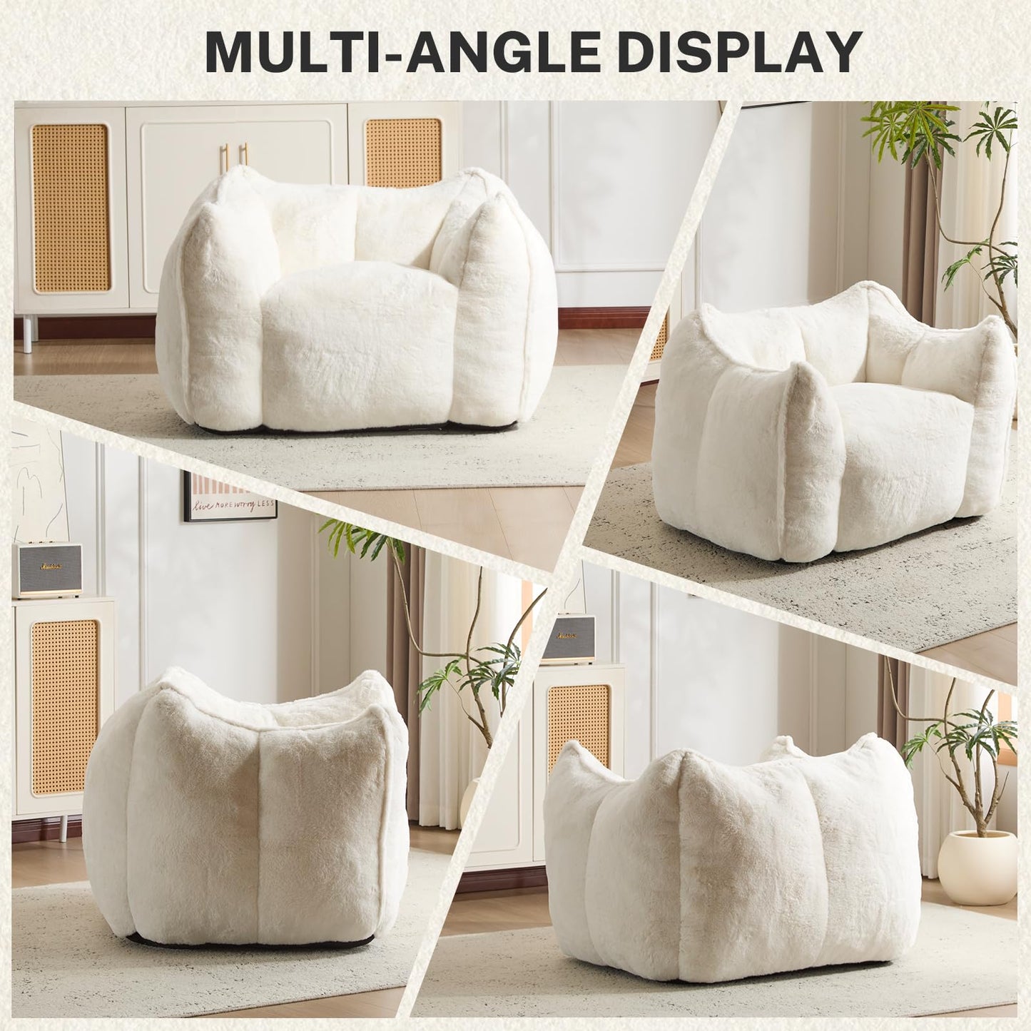 Giant Bean Bag Chair, Comfy Large Bean Bag Chairs for Adults and Kids, Fluffy Faux Rabbit Fur Floor Sofa for Living Room Bedroom Apartment, Beige