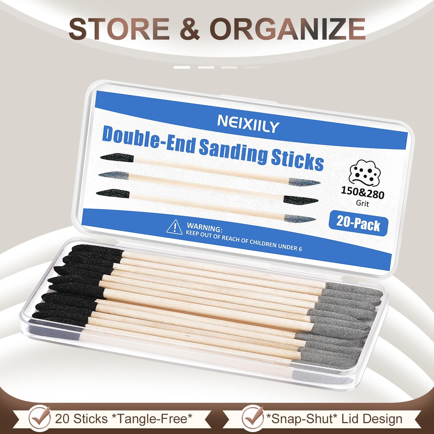 Dual-Grit Sanding Sticks 150/280 Grit 20PCS, 2-in-1 Abrasive Sticks for Woodworking, Models & Metal Polish, Fine Detailing Tools for Tight Spaces - NEIXIILY