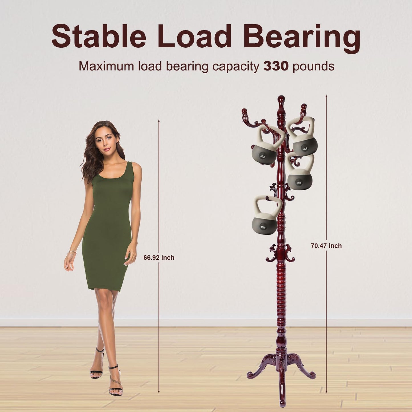 YQNUCO Solid Wood Coat Rack – Freestanding Coat Racks Stand with Hooks & Stable Base, Adjustable Height Modern Wooden Hall Tree for Entryway, Bedroom, Office, Home (Mahogany Triangle)