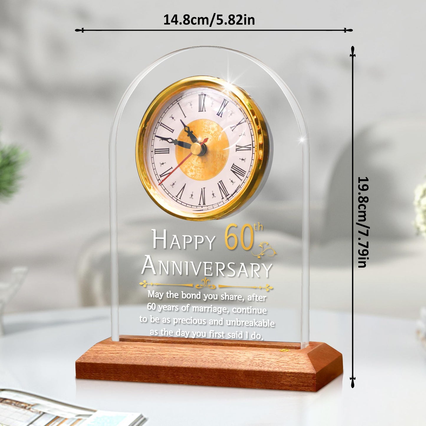 FULLOSUN 60th Anniversary Wedding Gift, Desk Table Clock, Anniversary Quartz Clock, 60 Years of Marriage, Diamond Wedding for Couple, Parents, Grandparents (60th)