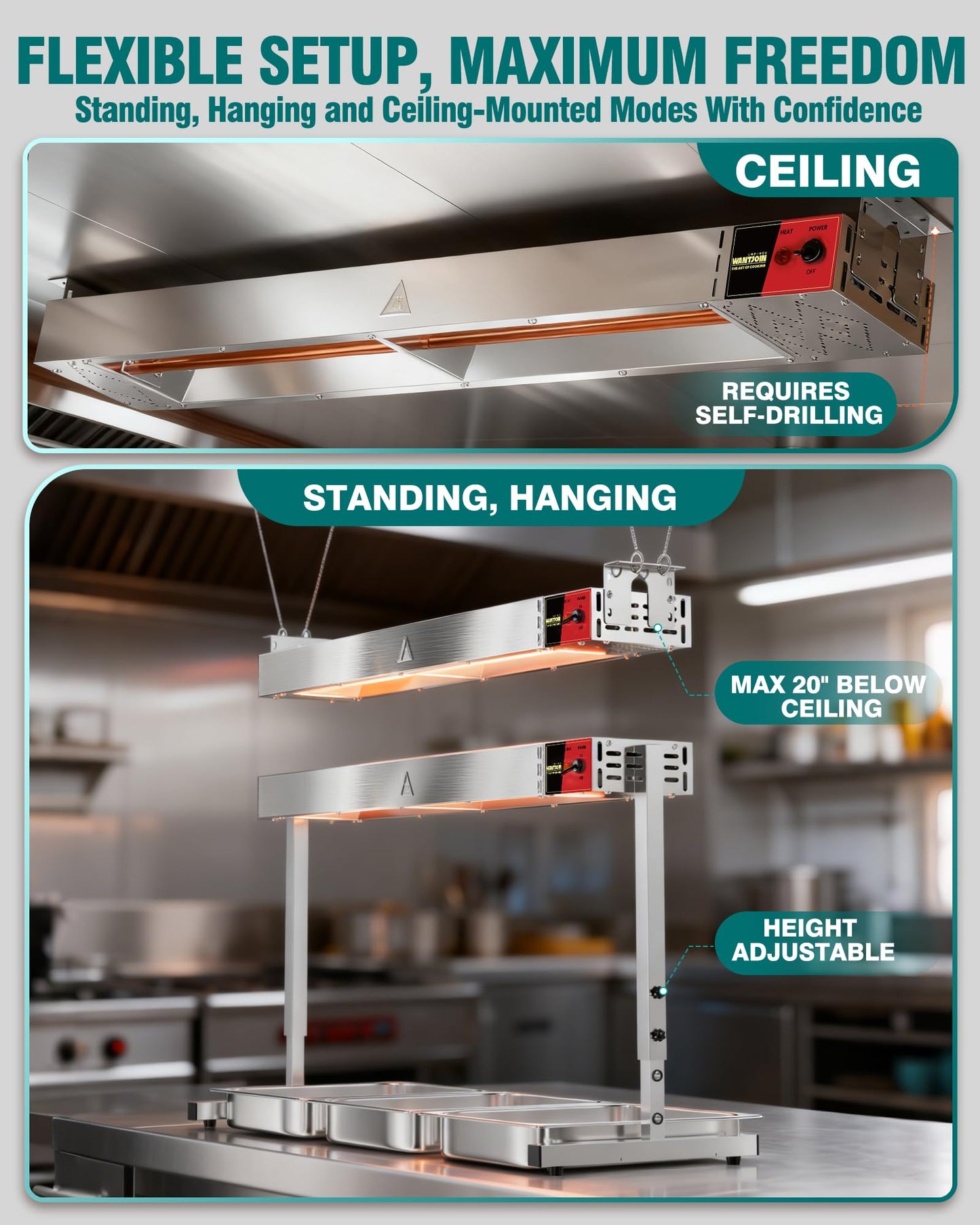 WantJoin Food Heat Lamp 48'' - 1450W Commercial Food Warmer Lamp Overhead Hanging & Standing Electric Strip Heating Lamps for Buffet Catering Restaurant Parties, Silver