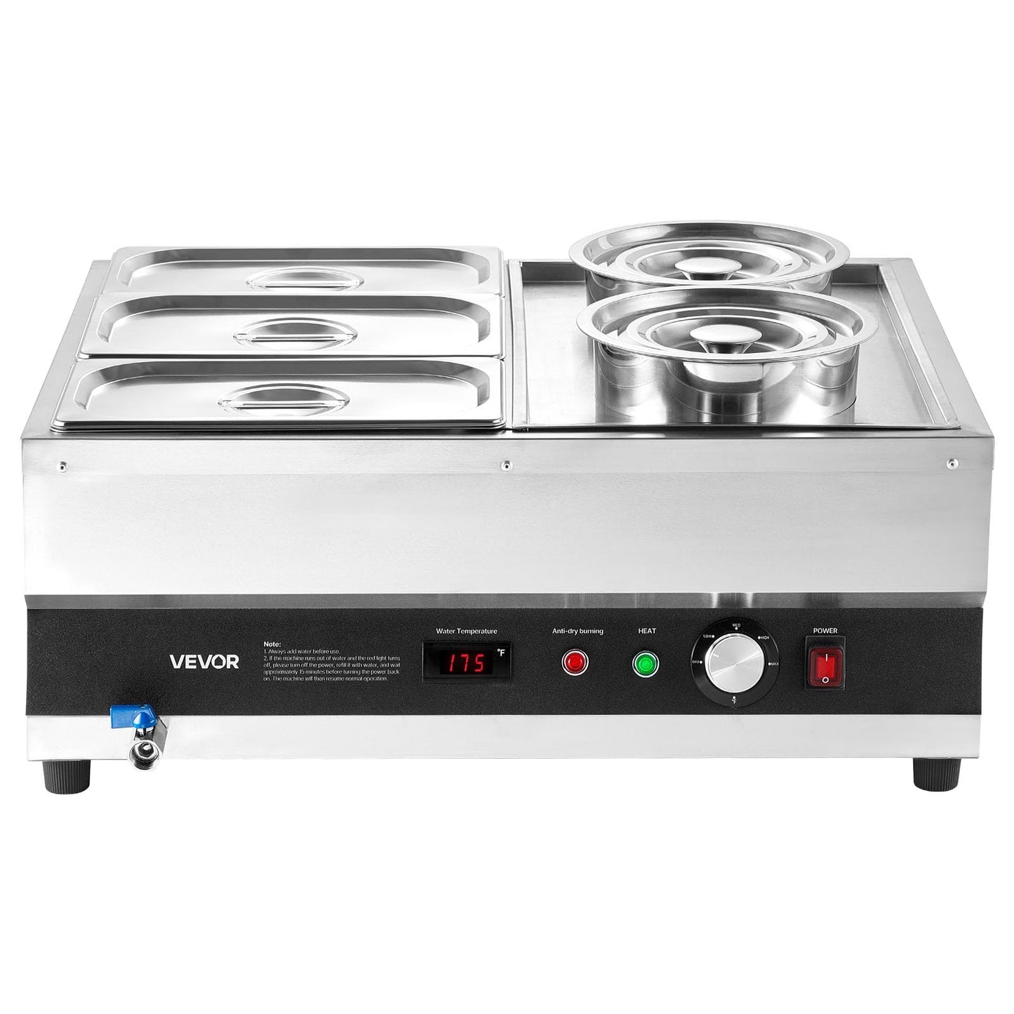VEVOR Electric Soup Warmer, Two 6.34QT Pots & Three 1/3 Pans, Stainless Steel Commercial Food Warmer with 86~185°F Adjustable Temp, 1500W Bain Marie, Soup Station for Restaurant, Buffet