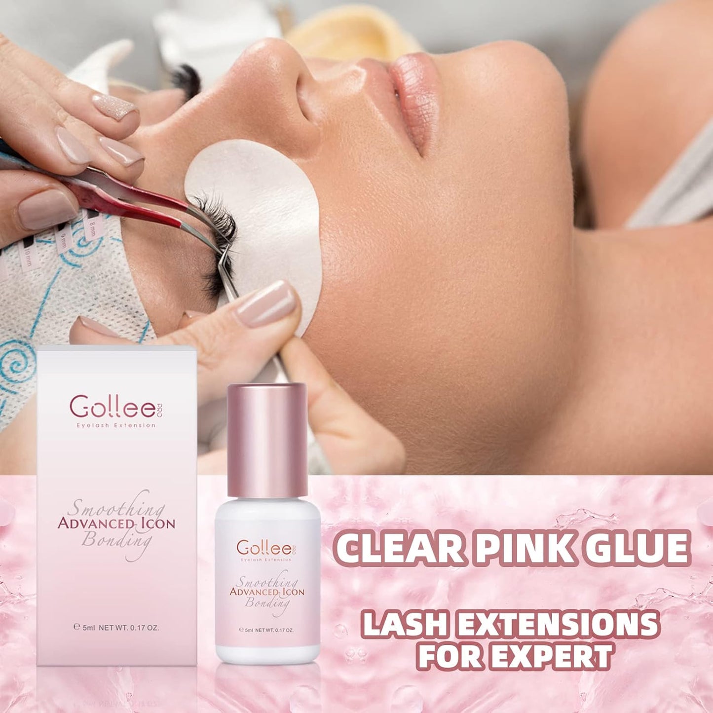 Transparent Lash Glue for Eyelash Extensions - 1-2 Sec Fast Drying/Retention 7 Weeks / (0.17fl.oz / 5ml) Maximum Bonding Clear Pink Eyelash Glue - Professional USE ONLY