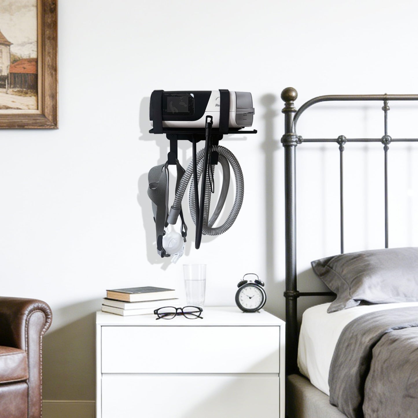 CHZHWFDC CPAP stand -CPAP Wall Mount Shelf for ResMed AirSense 10/11, Adjustable Angle with CPAP Hose Holder & CPAP Accessories Mask Organizer Space-Saving & Durable