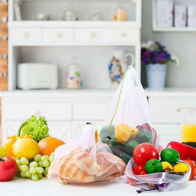Blcculi 12 Pcs Reusable Produce Bags,Washable Mesh Produce Bags,Mesh Grocery Bag with Drawstring & Colorful Tare Weight Tags,See-Through Vegetable Bag for Grocery Storage,Fruits,Large Medium Small
