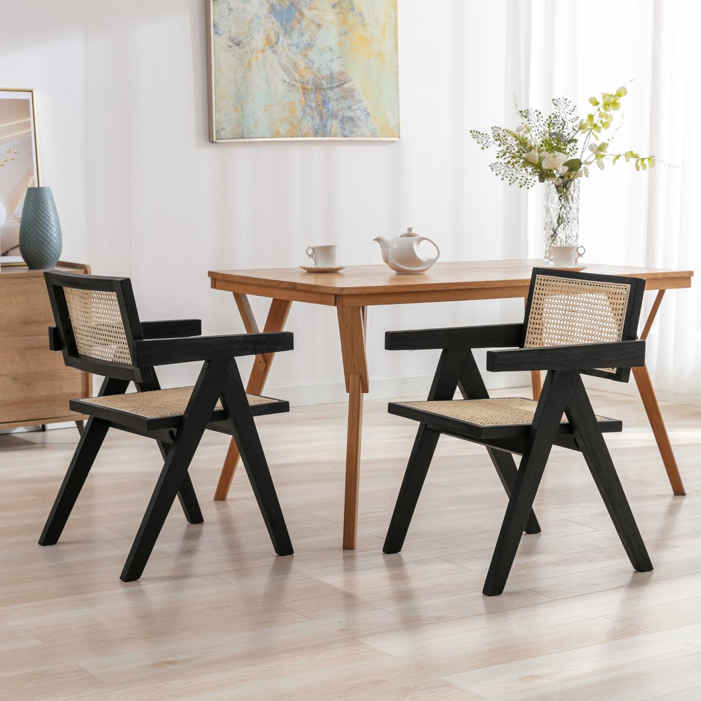 ChicAura Rattan Dining Chairs Set of 4, Mid Century Modern Dining Room Chairs Wicker Armchair Comfy Side Chair Black Wood Boho Kitchen Cane Side Chairs with Arms for Dining Room Bistro