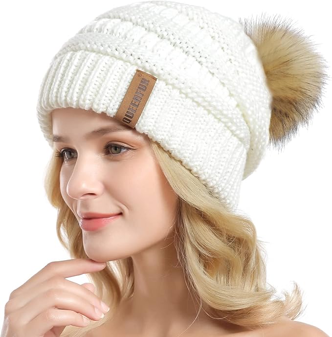 QUEENFUR Women Knit Slouchy Beanie Chunky Baggy Hat with Faux Fur Pompom Winter Soft Warm Ski Cap