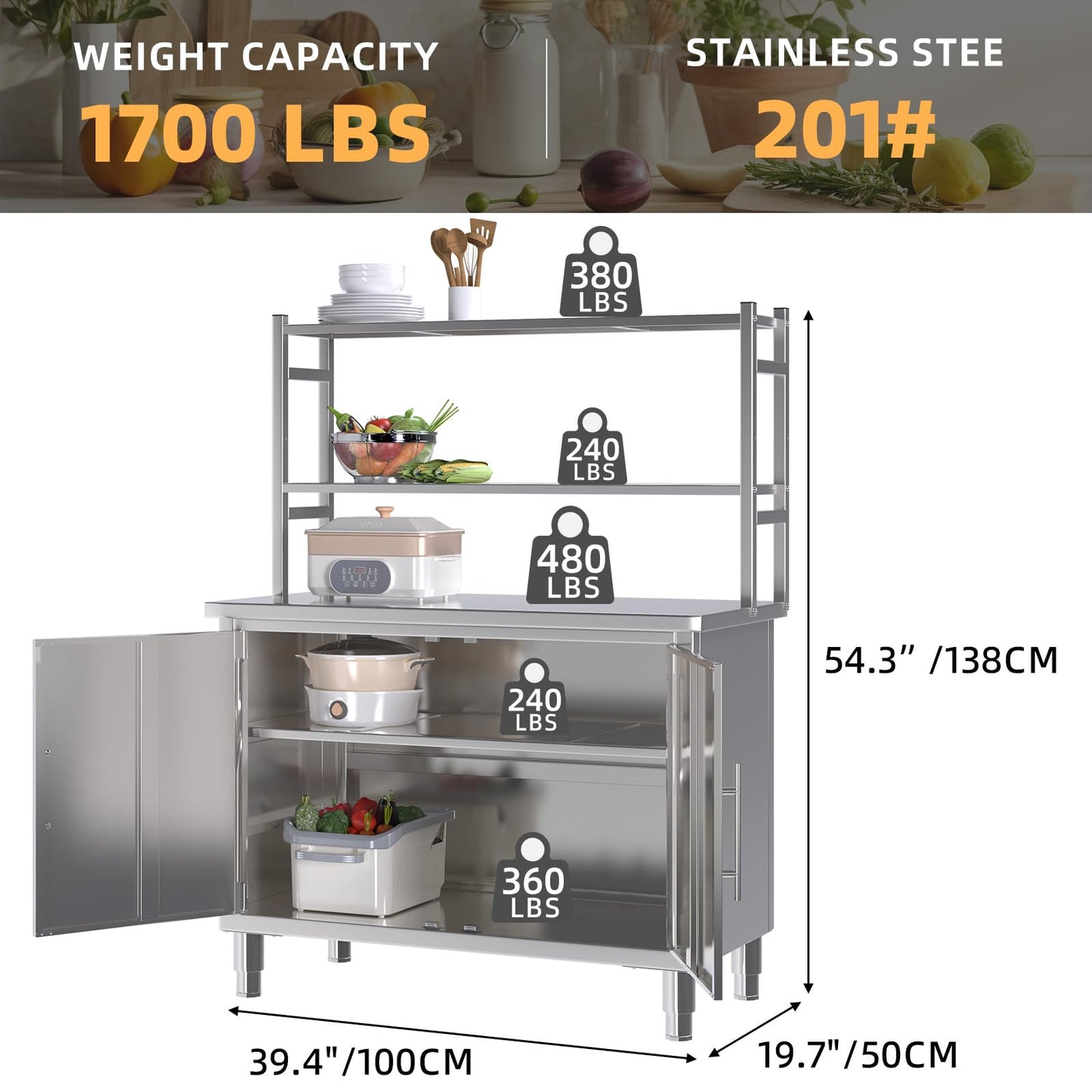 JFHID Stainless Steel Table with Cabinet 40"x20" Prep Worktable for Commercial Kitchen Steel Countertop with Adjustable Tier & Cabinet Shelf Work Table Workbench for Home Restaurant